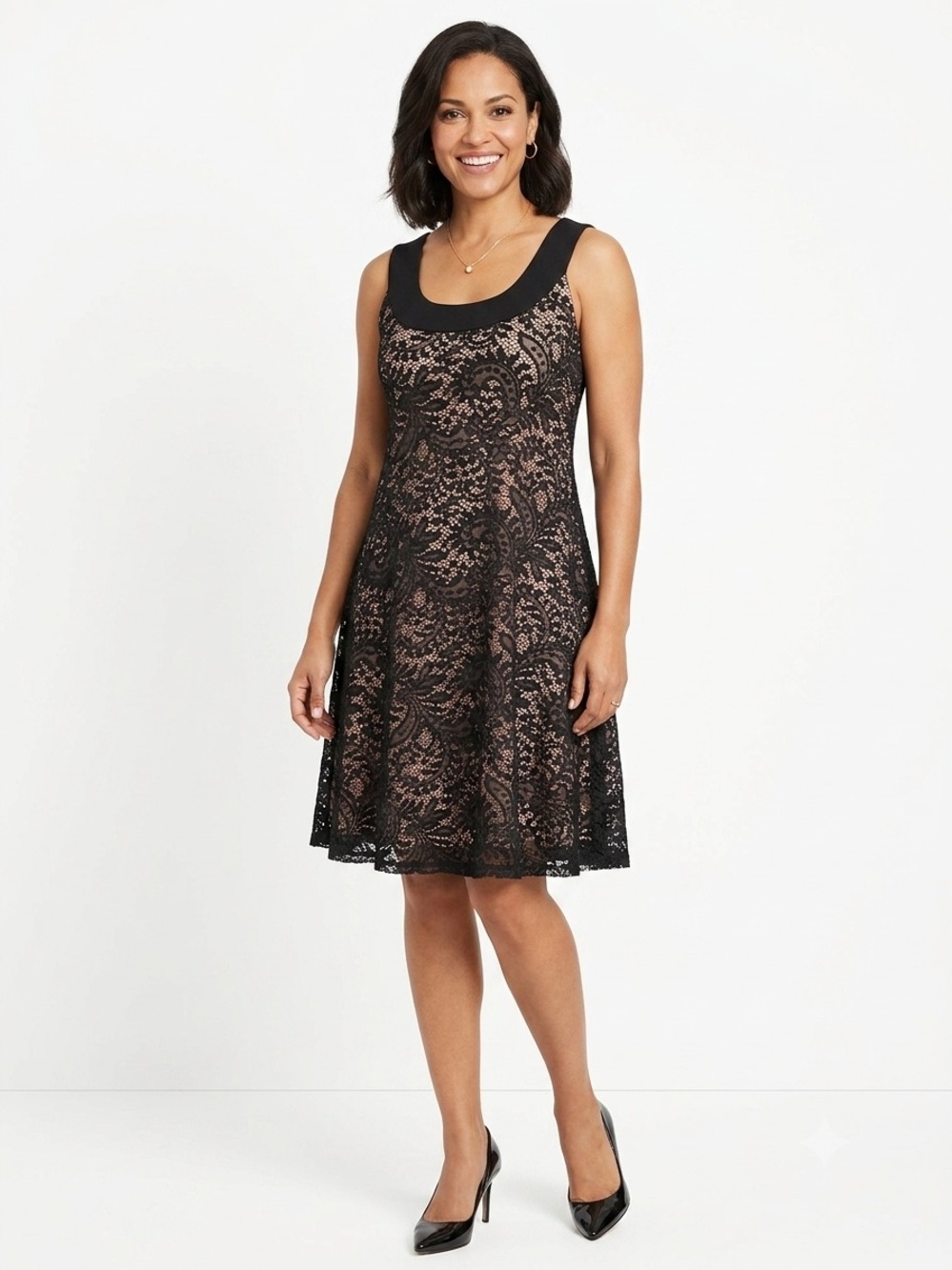 Ellen Parker Black Lace Fit & Flare Dress Size M Sleeveless Lined Cocktail